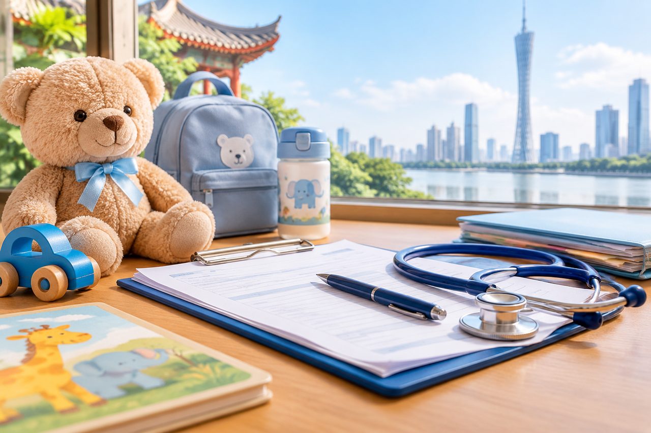 AI illustration: A stethoscope and pen on medical documents with children's toys and a city skyline visible through a window.