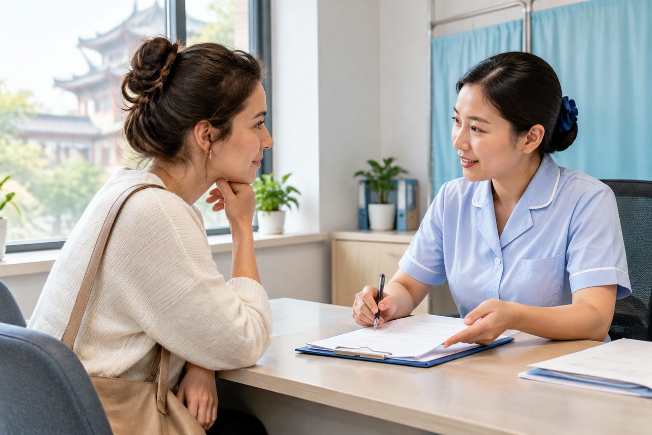 AI illustration: A healthcare professional discusses with a patient in a consultation room.