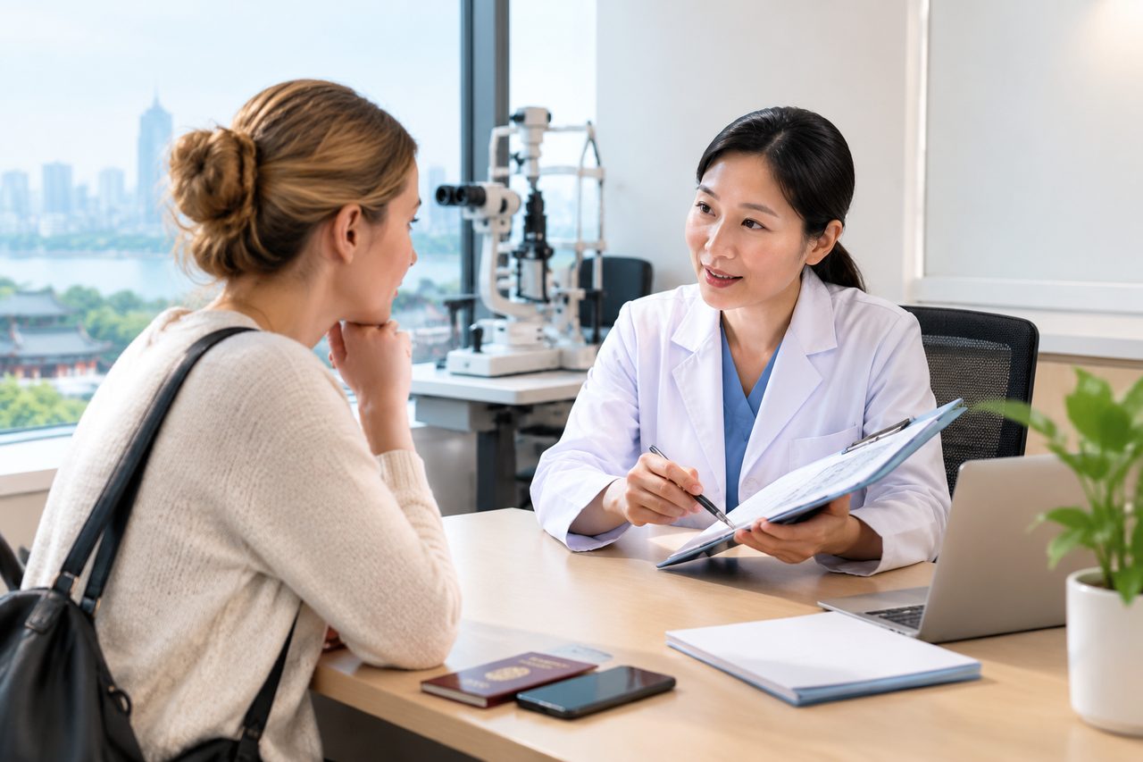 AI illustration: A doctor in a white coat consulting with a patient in an office with a city view and medical equipment in the background.