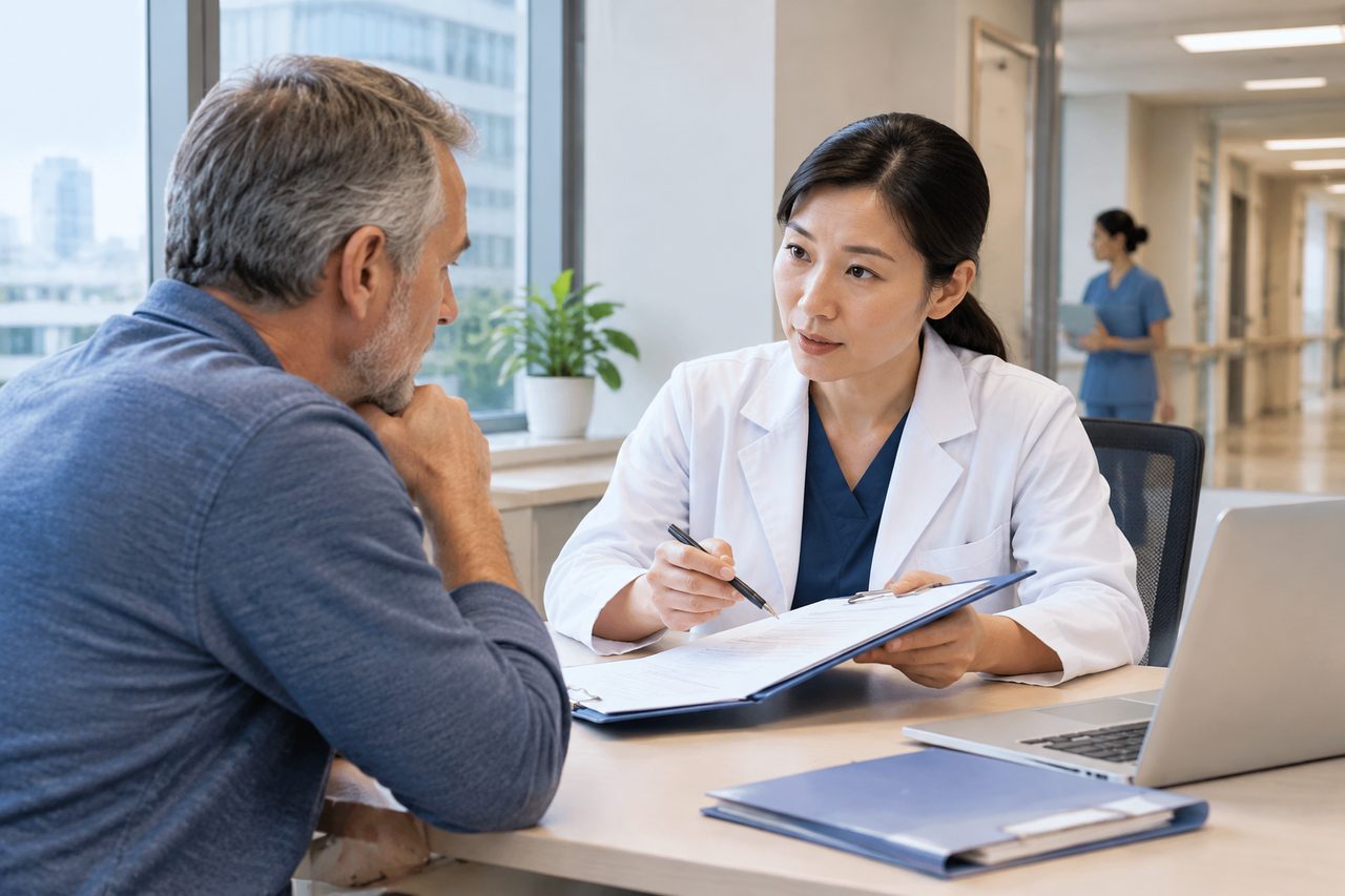 AI illustration: A doctor consulting with a male patient in a hospital office, discussing documents with a laptop on the desk.