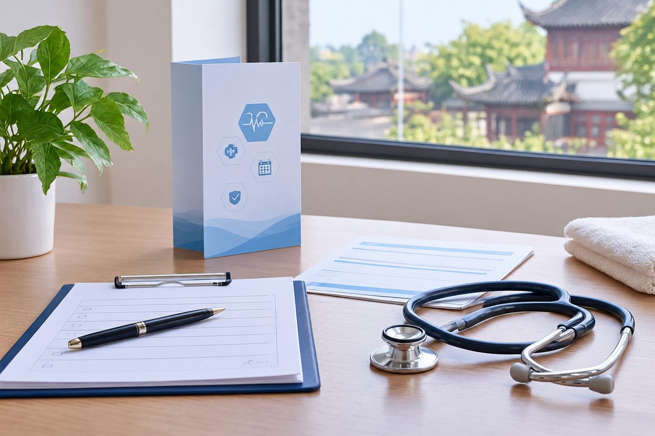 AI illustration: A medical consultation space featuring a stethoscope, notepad, and a plant by the window.