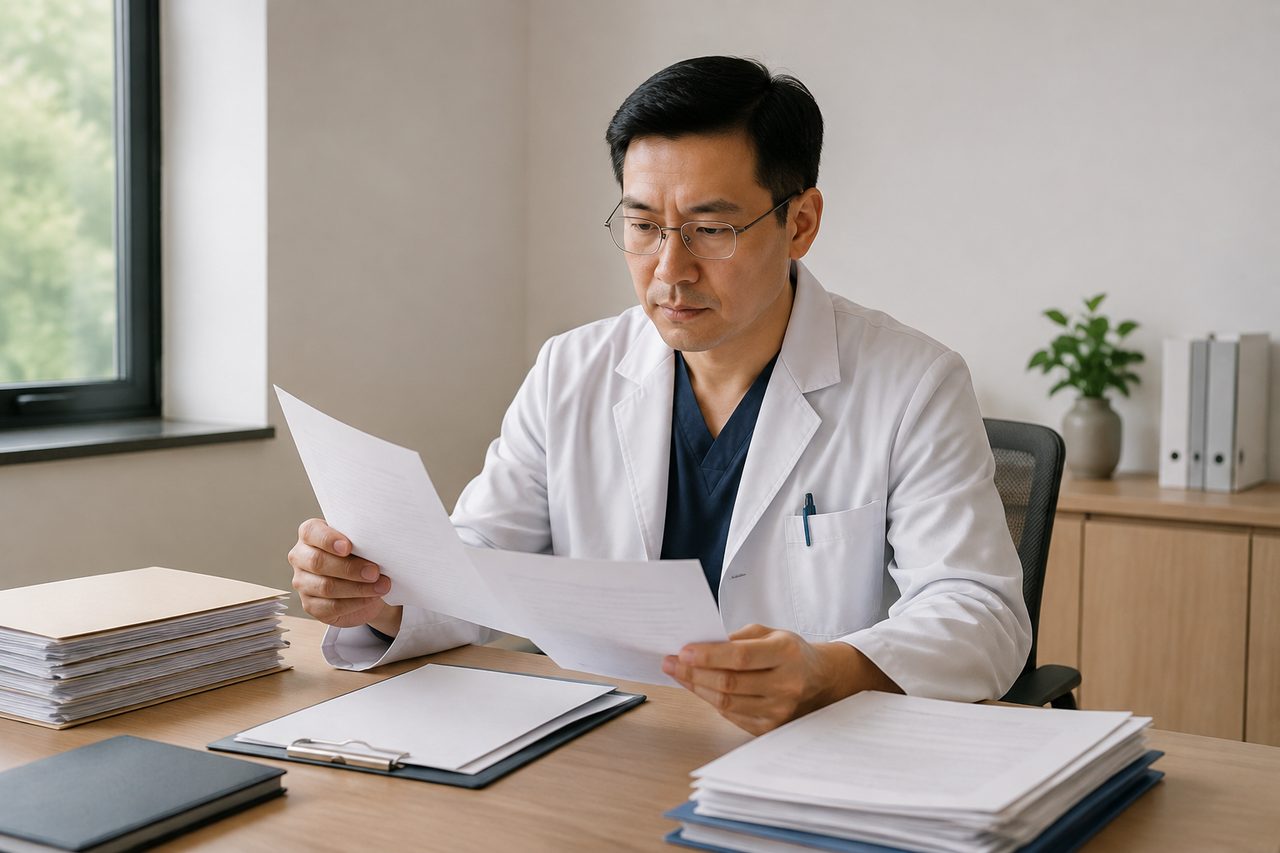 AI illustration: A doctor reviews documents in a clinical office setting.