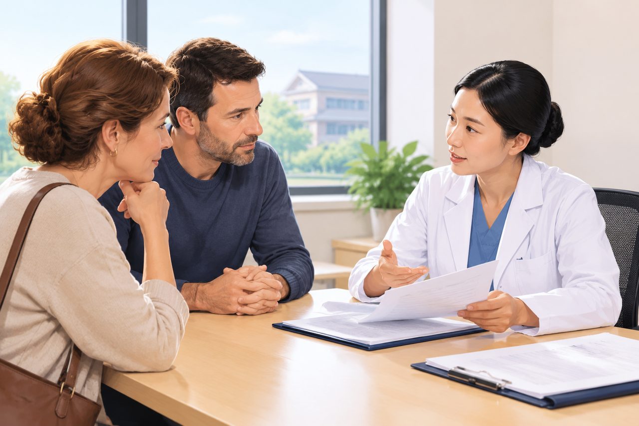 AI illustration: A doctor in a white coat consulting with a couple at a desk in a bright office with a window and plant in the background.