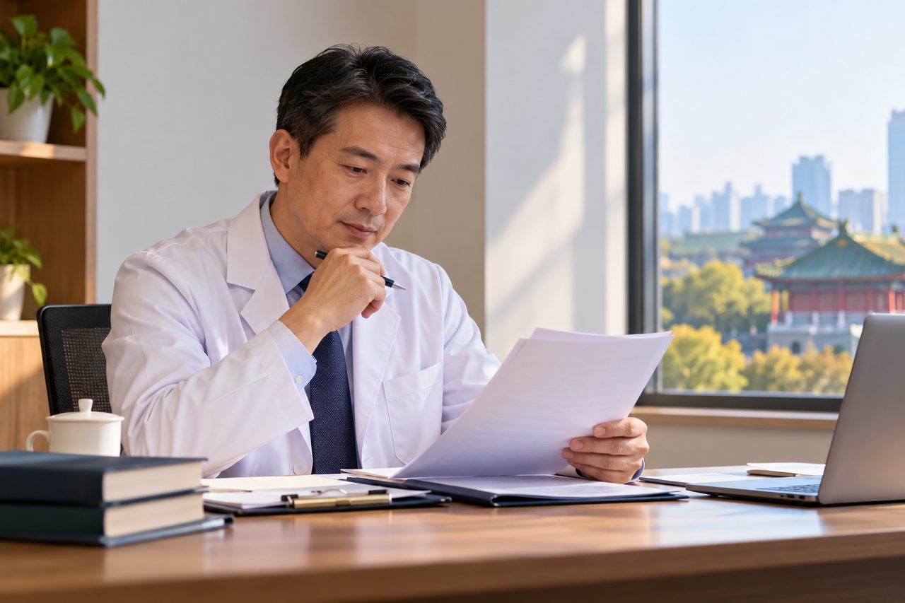 AI illustration: A doctor reviews documents in a well-lit office with a city skyline view.
