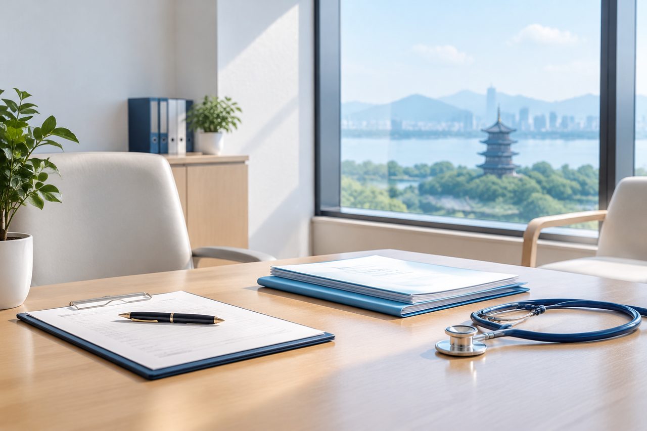 AI illustration: A medical consultation room featuring a stethoscope, documents, and a view of a landscape outside.