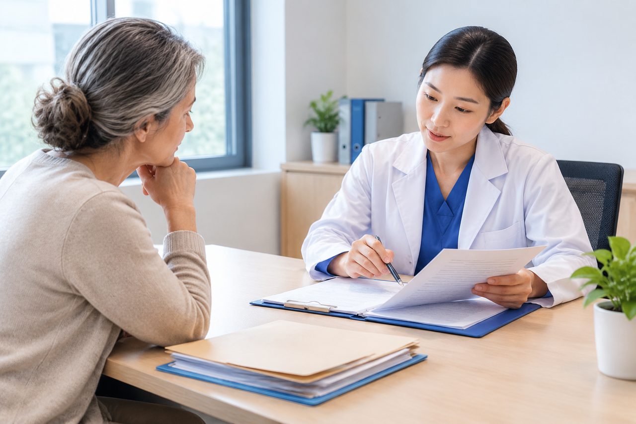 AI illustration: A doctor in a white coat consulting with an older patient at a desk with medical documents and folders.