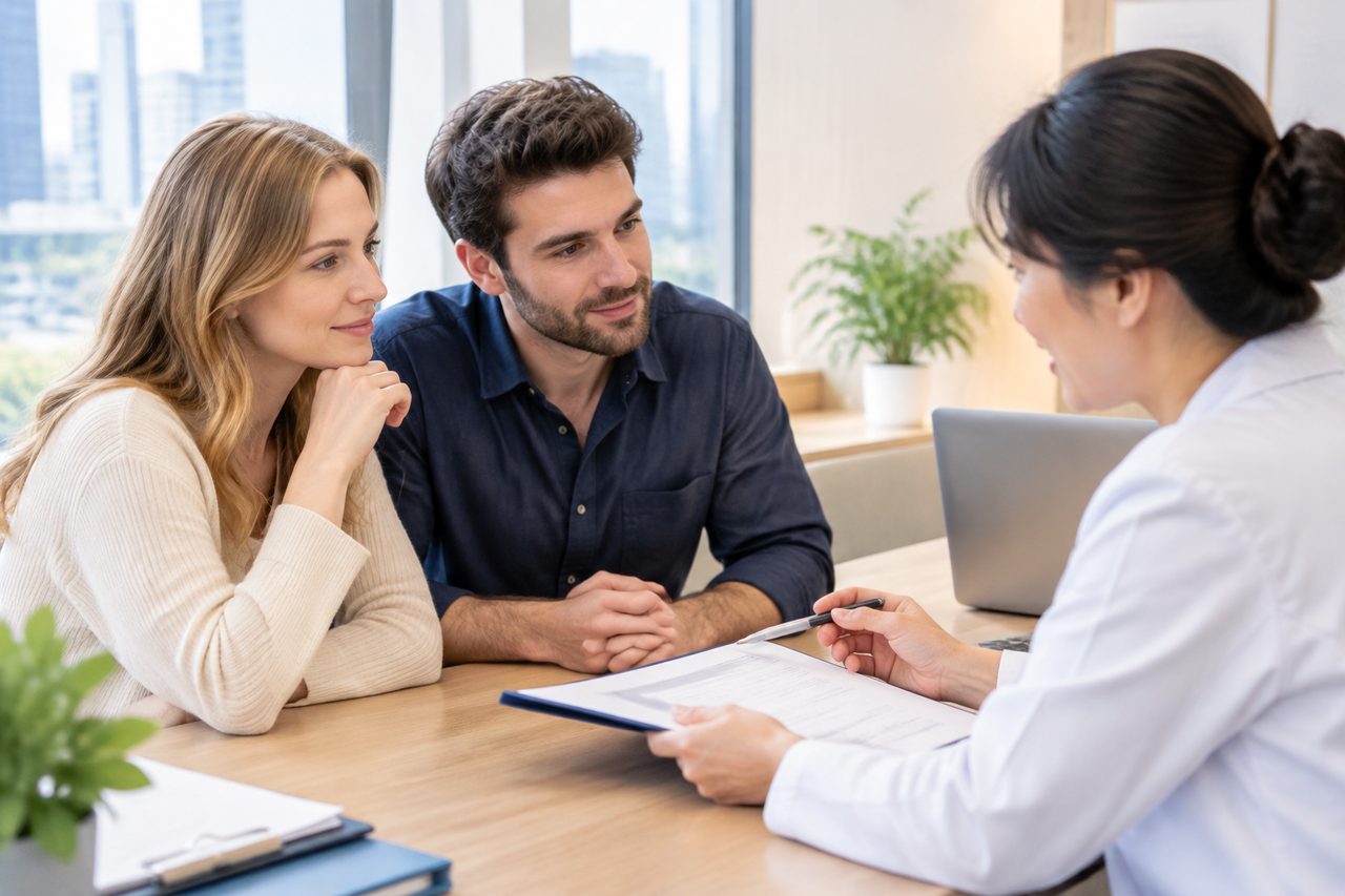 AI illustration: A couple consults with a medical professional during a discussion in a modern office setting.
