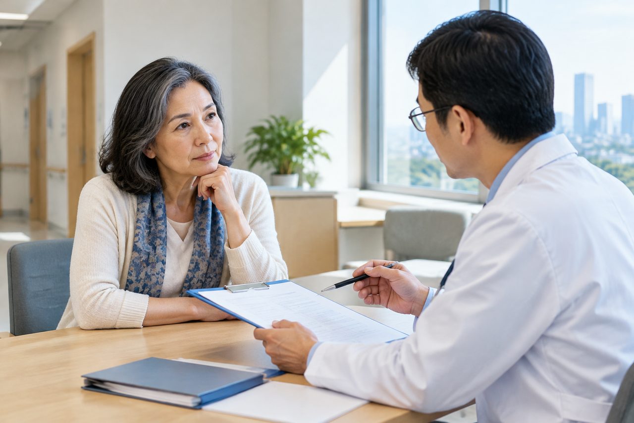 Illustrative care-planning scene; not a photograph of a patient case or medical device.