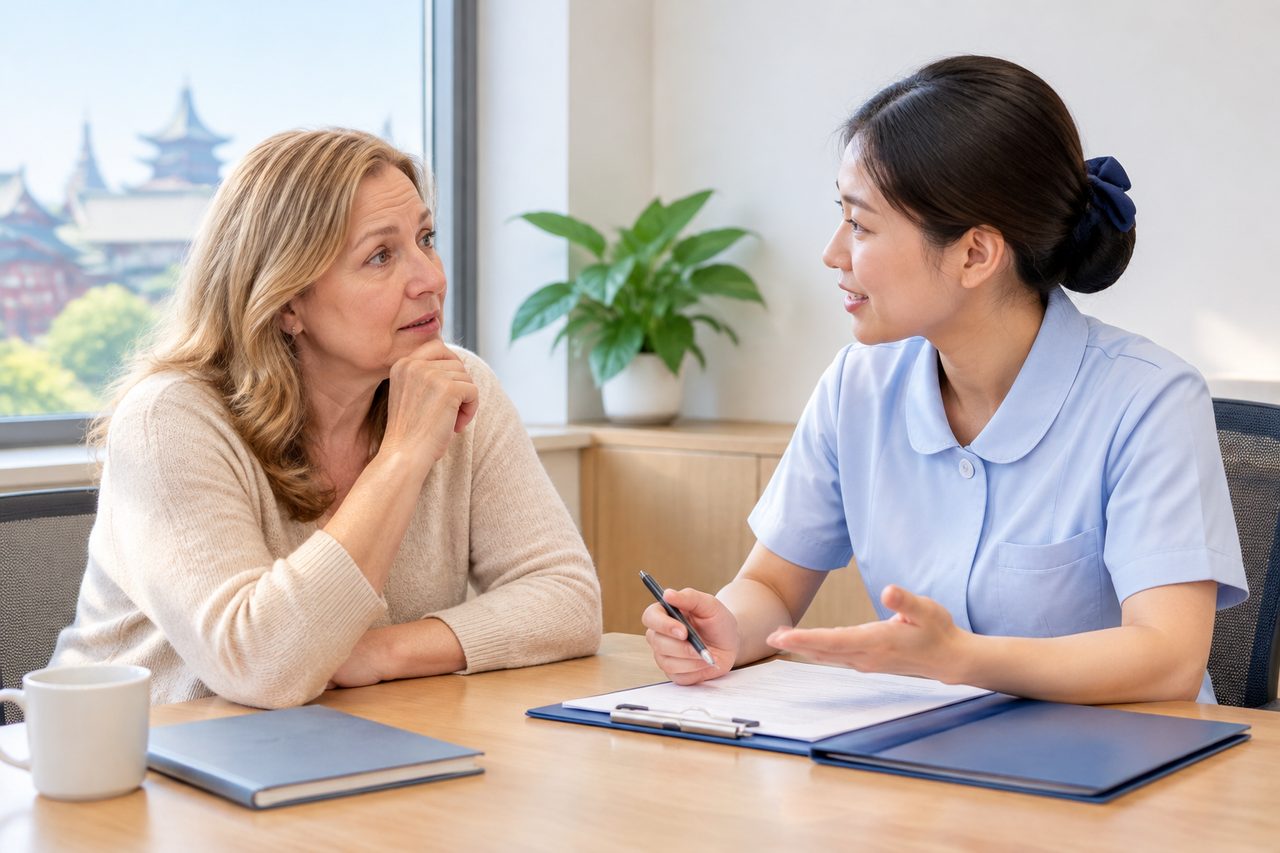 Illustrative care-planning scene; not a photograph of a patient case or medical device.