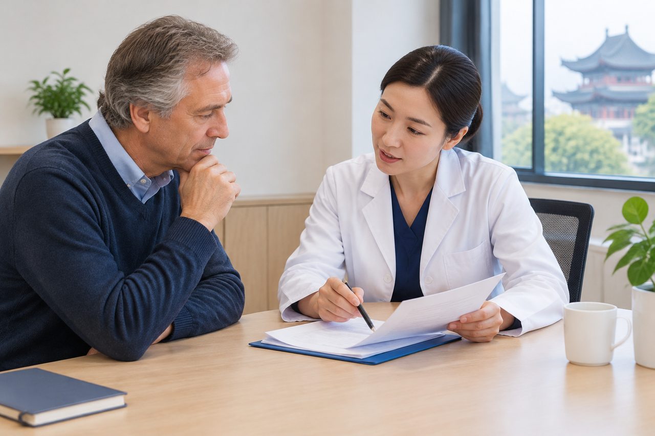 Illustrative care-planning scene; not a photograph of a patient case or medical device.