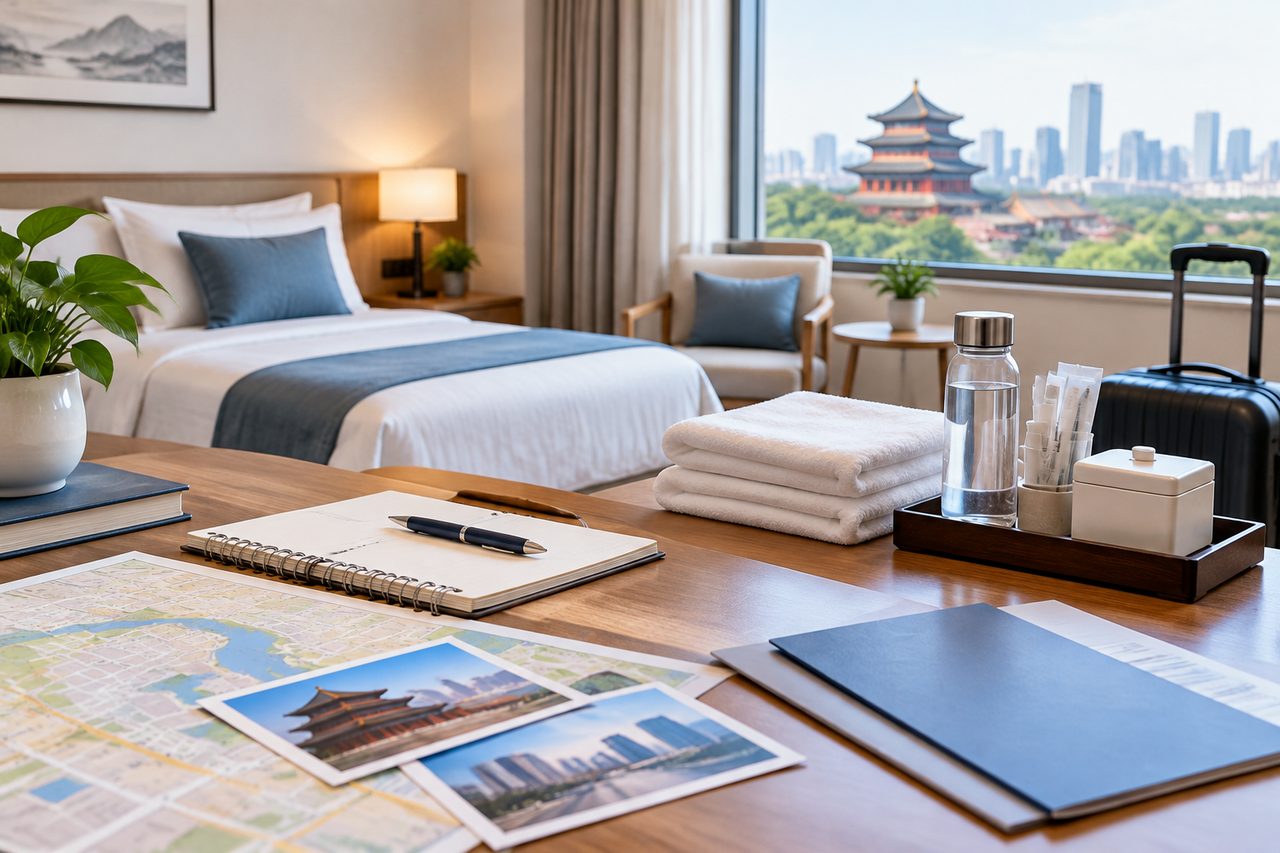 AI illustration: A modern hotel room featuring a view of a pagoda and city skyline, with a desk displaying travel materials and amenities.