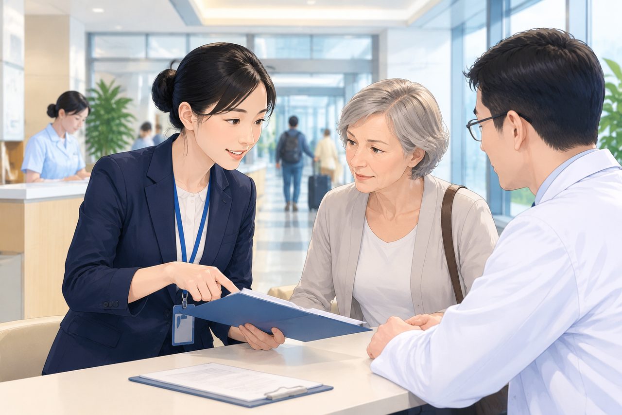AI illustration: A consultation taking place in a medical facility with a patient and medical staff discussing information.