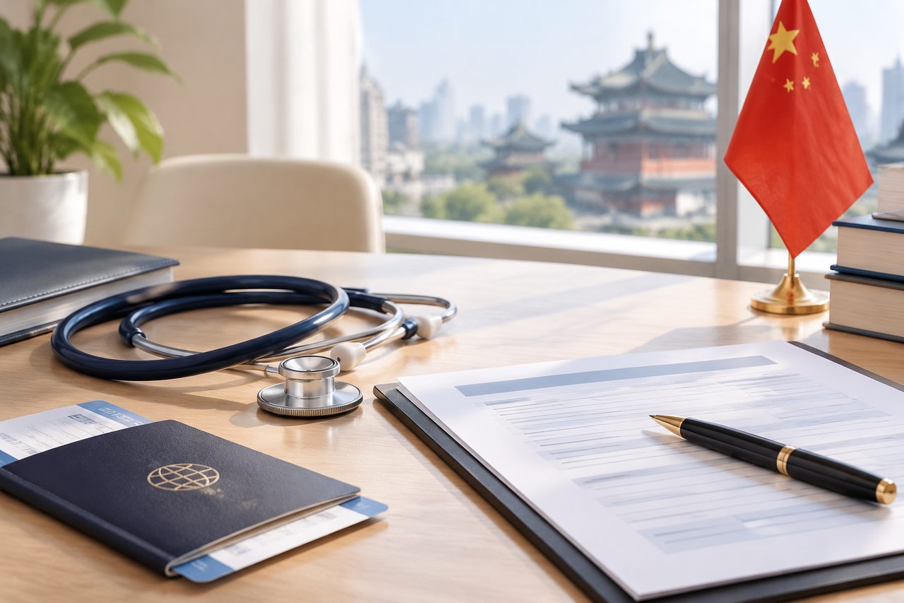 AI illustration: A medical consultation setup featuring a stethoscope, passport, and documents on a desk with a view of a city skyline.