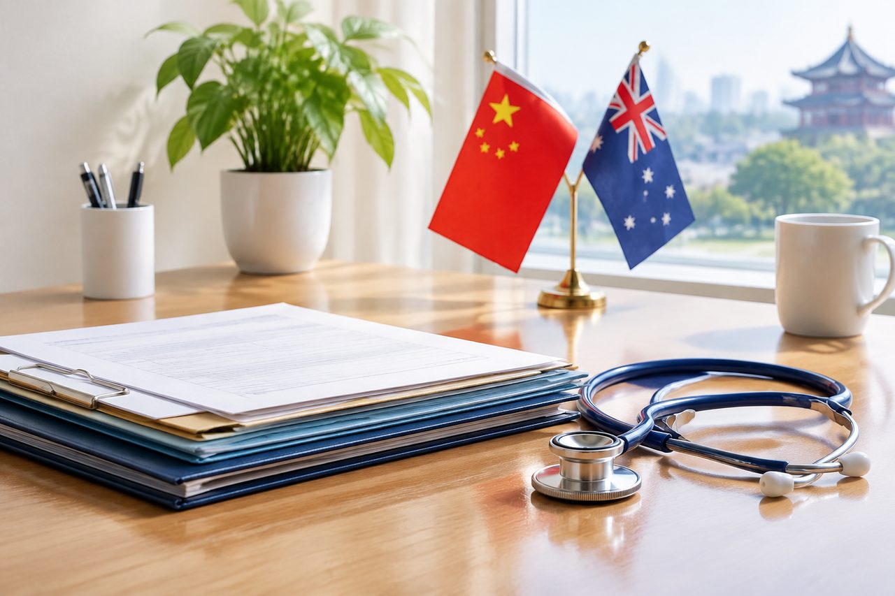 AI illustration: A medical desk setup featuring a stethoscope, documents, and flags of China and Australia.