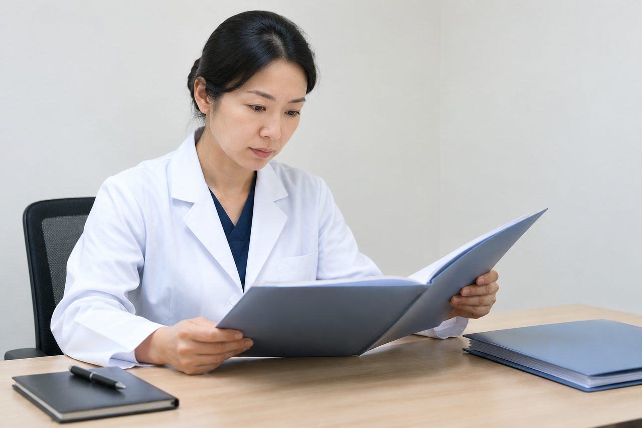 AI illustration: A medical professional reviews documents in a clinical setting.