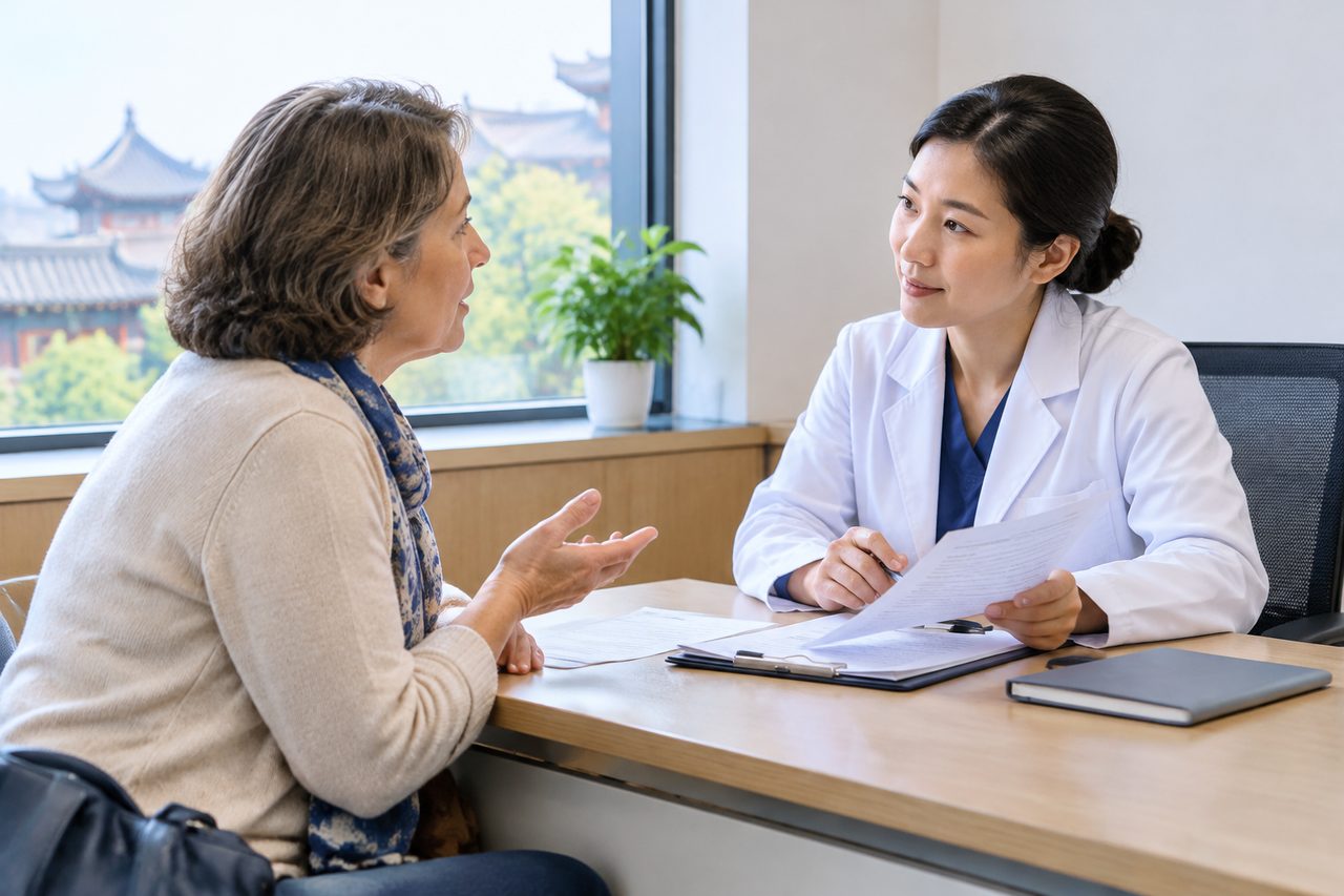 AI illustration: A doctor discusses medical information with a patient in a consultation room.