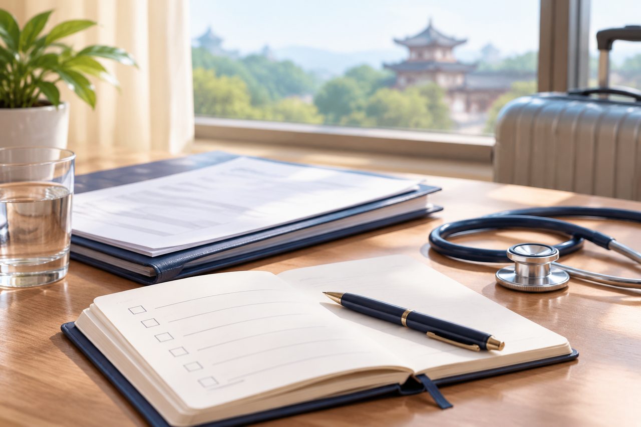 AI illustration: Desk with open notebook, pen, stethoscope, glass of water, and travel suitcase near window with blurred pagoda view.