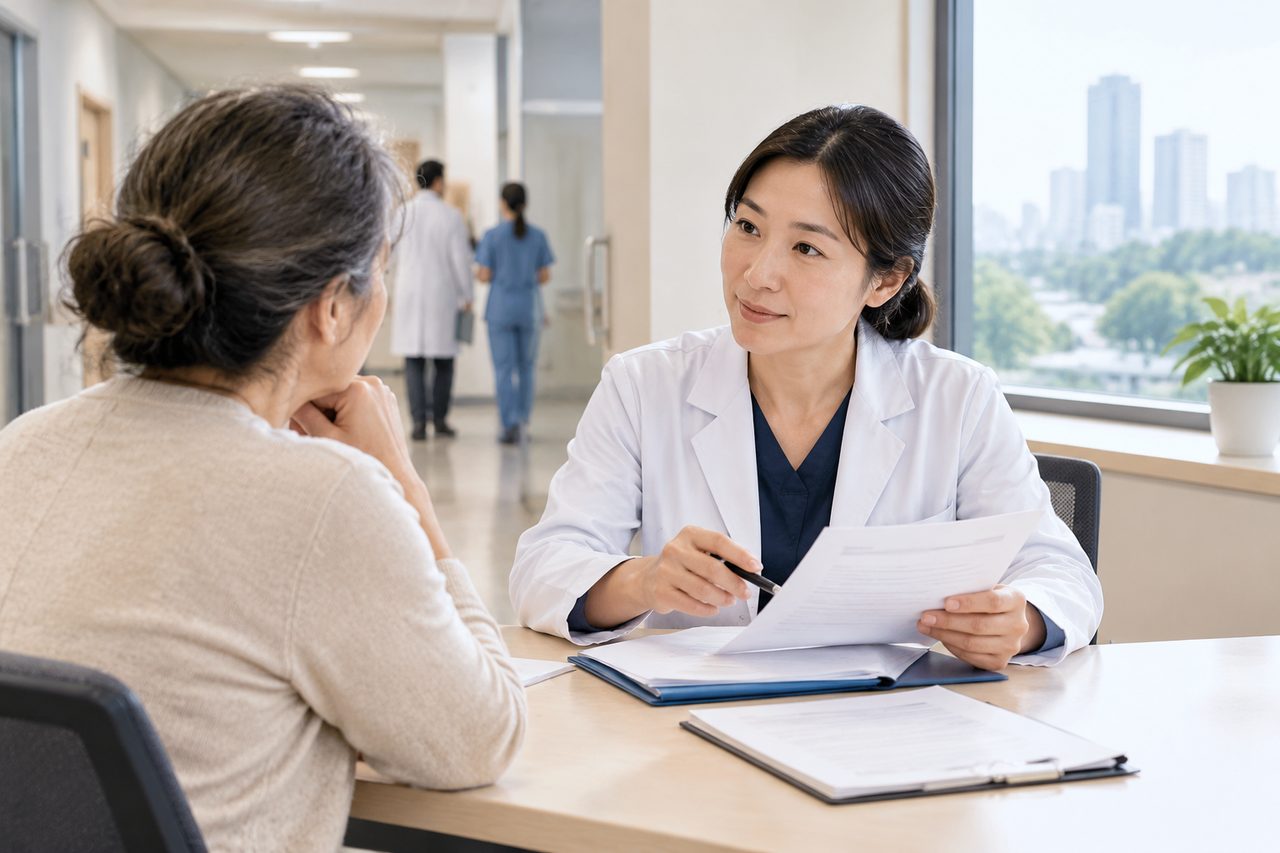 AI illustration: A doctor in a white coat consulting with a patient in a hospital corridor with city buildings visible through the window.