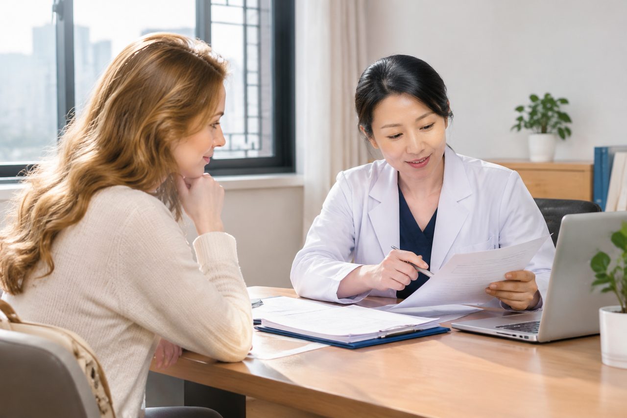 AI illustration: A doctor discusses medical information with a patient in a consultation room.