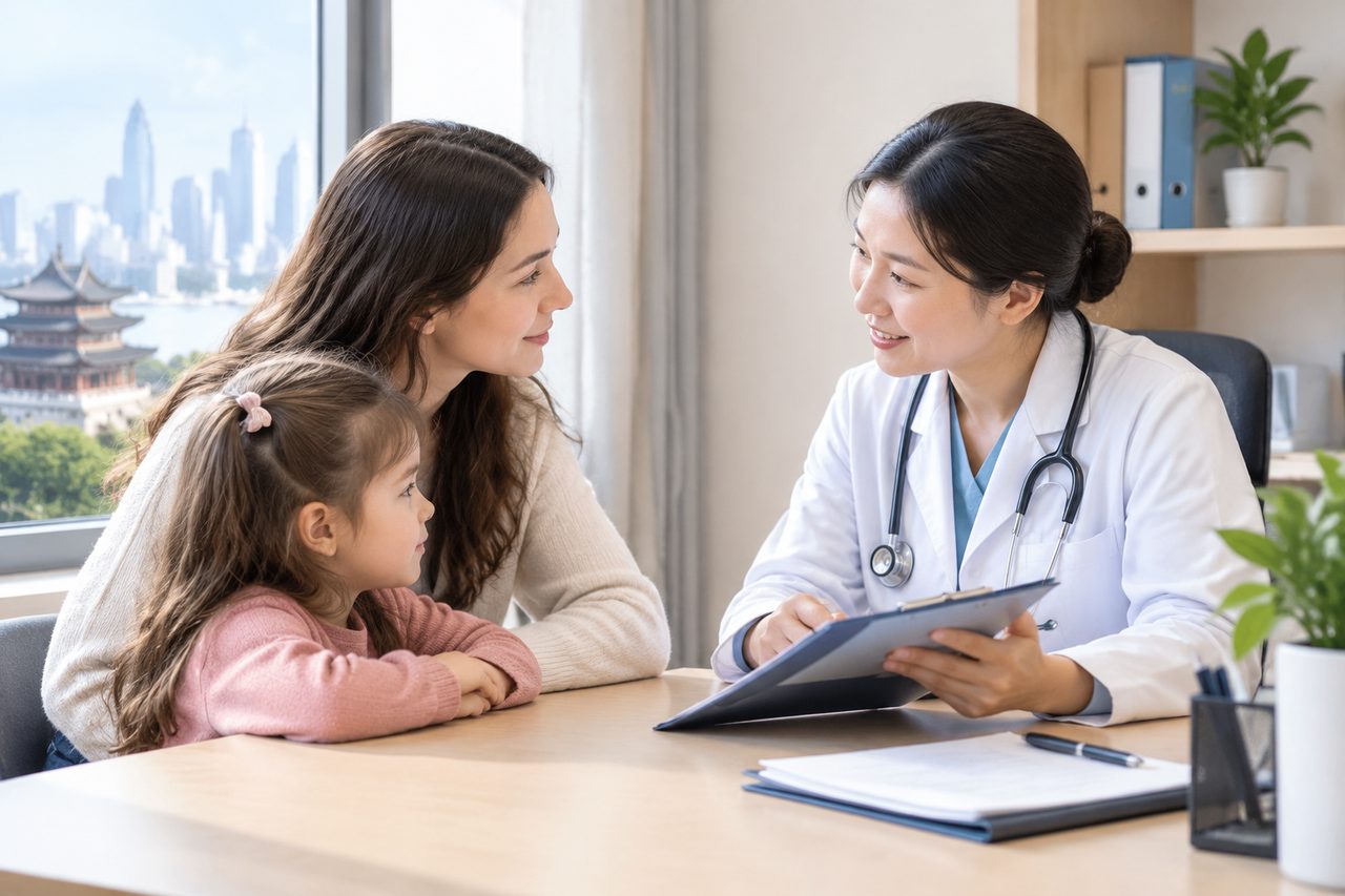 AI illustration: A doctor discusses with a mother and her daughter in a consultation room with a city skyline view.