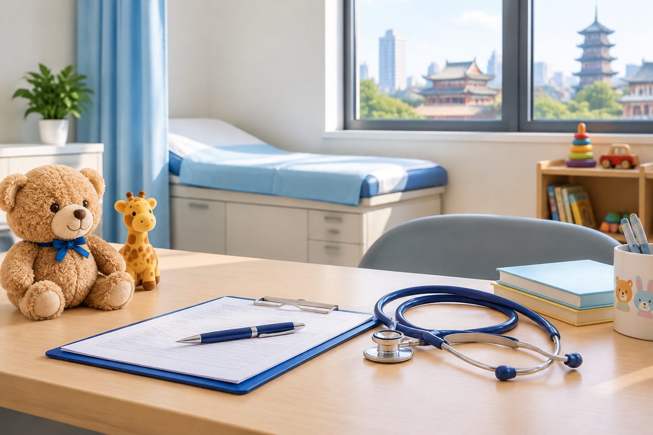 AI illustration: A pediatric consultation room featuring toys, a stethoscope, and a clipboard on a desk.