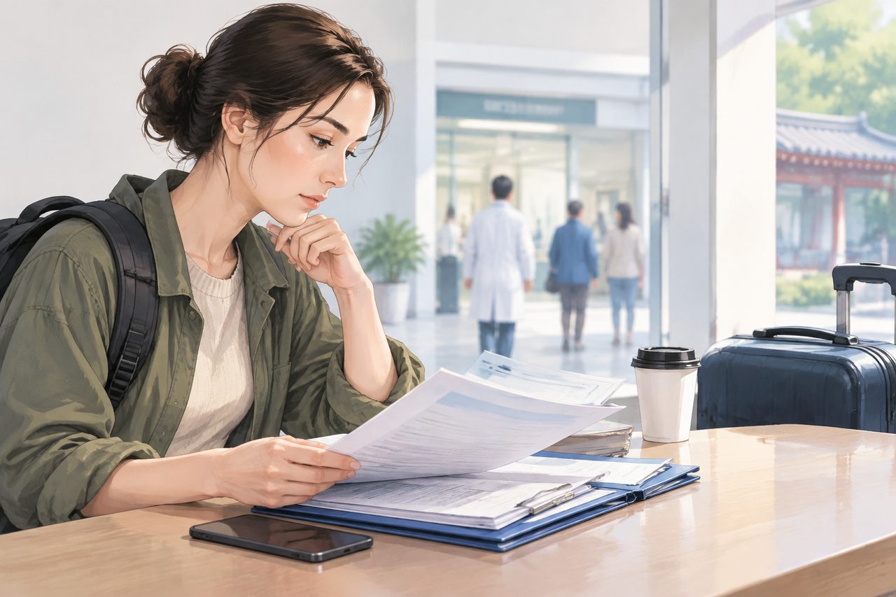 AI illustration: A woman with a backpack studies documents at a table with a smartphone, coffee cup, and suitcase in a bright indoor setting with people and a traditional building visible outside.