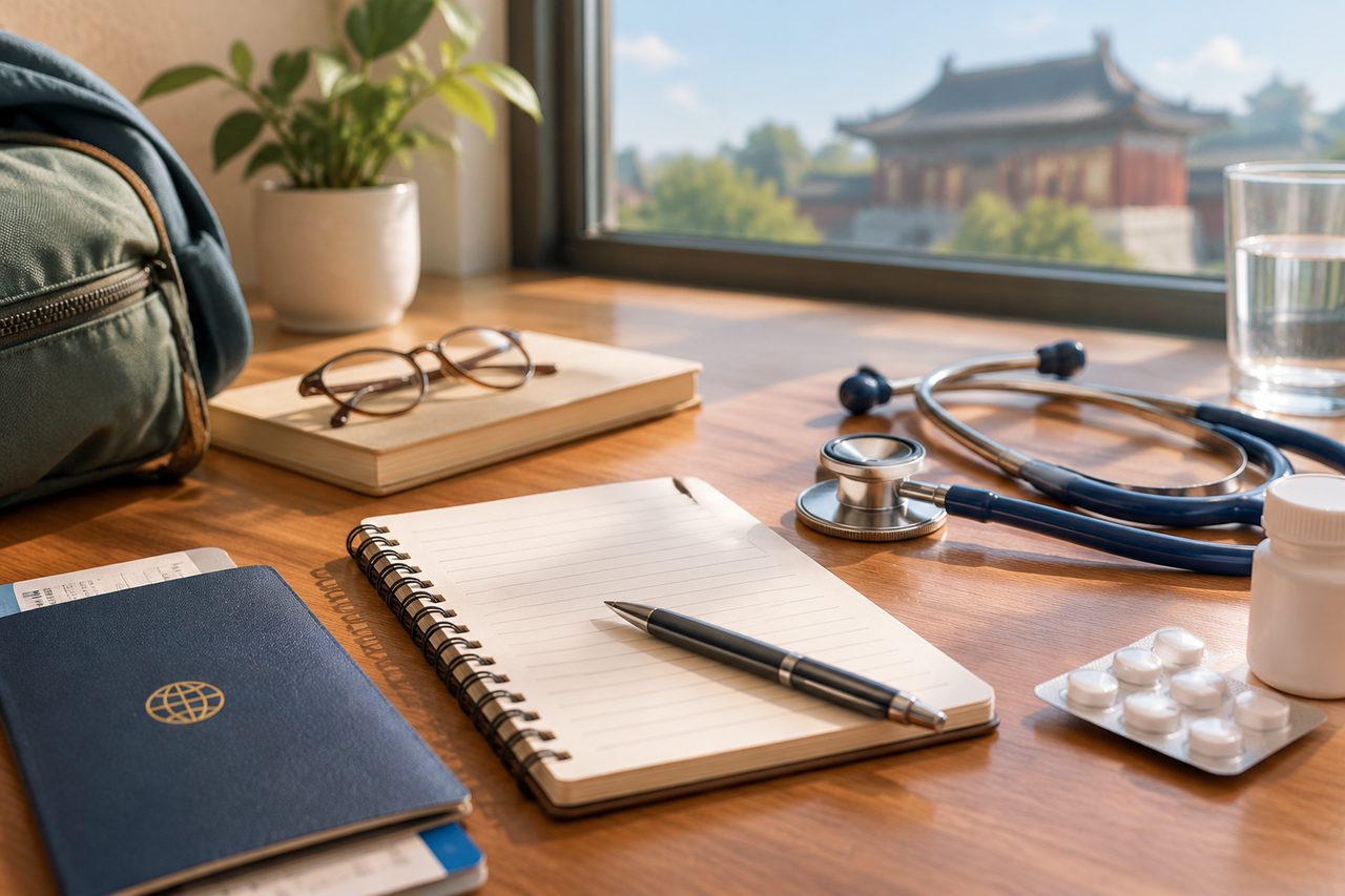 AI illustration: A wooden desk with a stethoscope, medication, notebook, pen, glasses, passport, and a glass of water near a window with a traditional building outside.