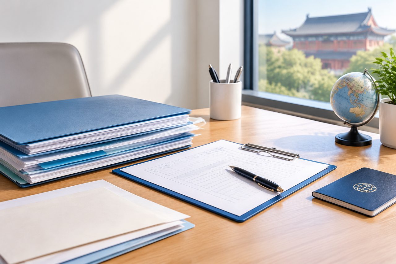 AI illustration: Office desk with folders, clipboard, pen, globe, and a window showing a traditional building outside.