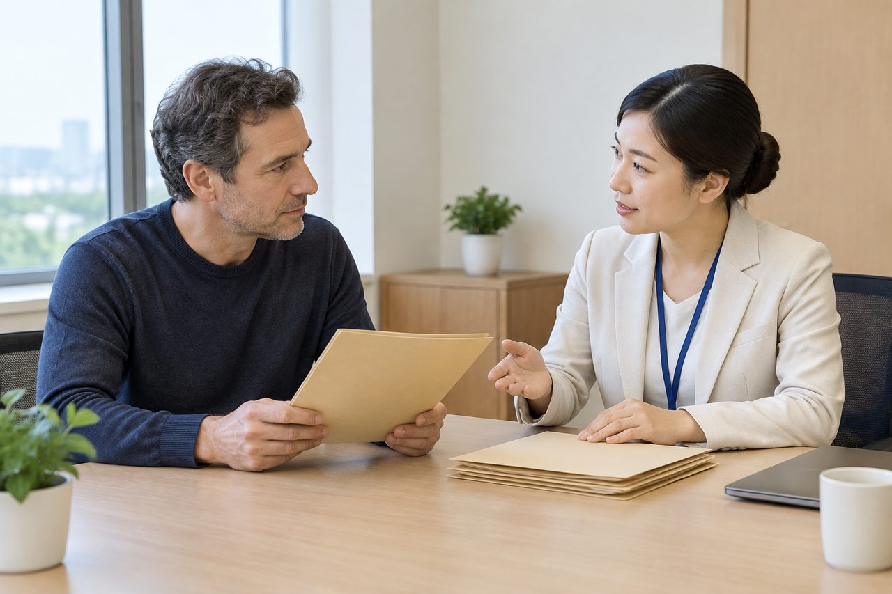 AI illustration: A consultation between a man and a woman in a professional setting, discussing documents.