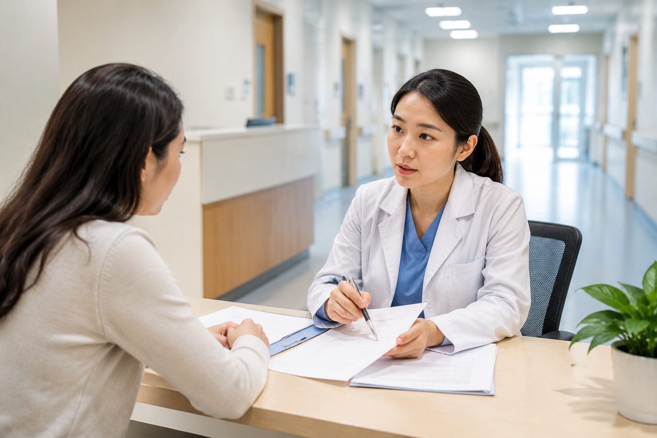 AI illustration: A doctor in a white coat consulting with a patient at a desk in a hospital corridor.