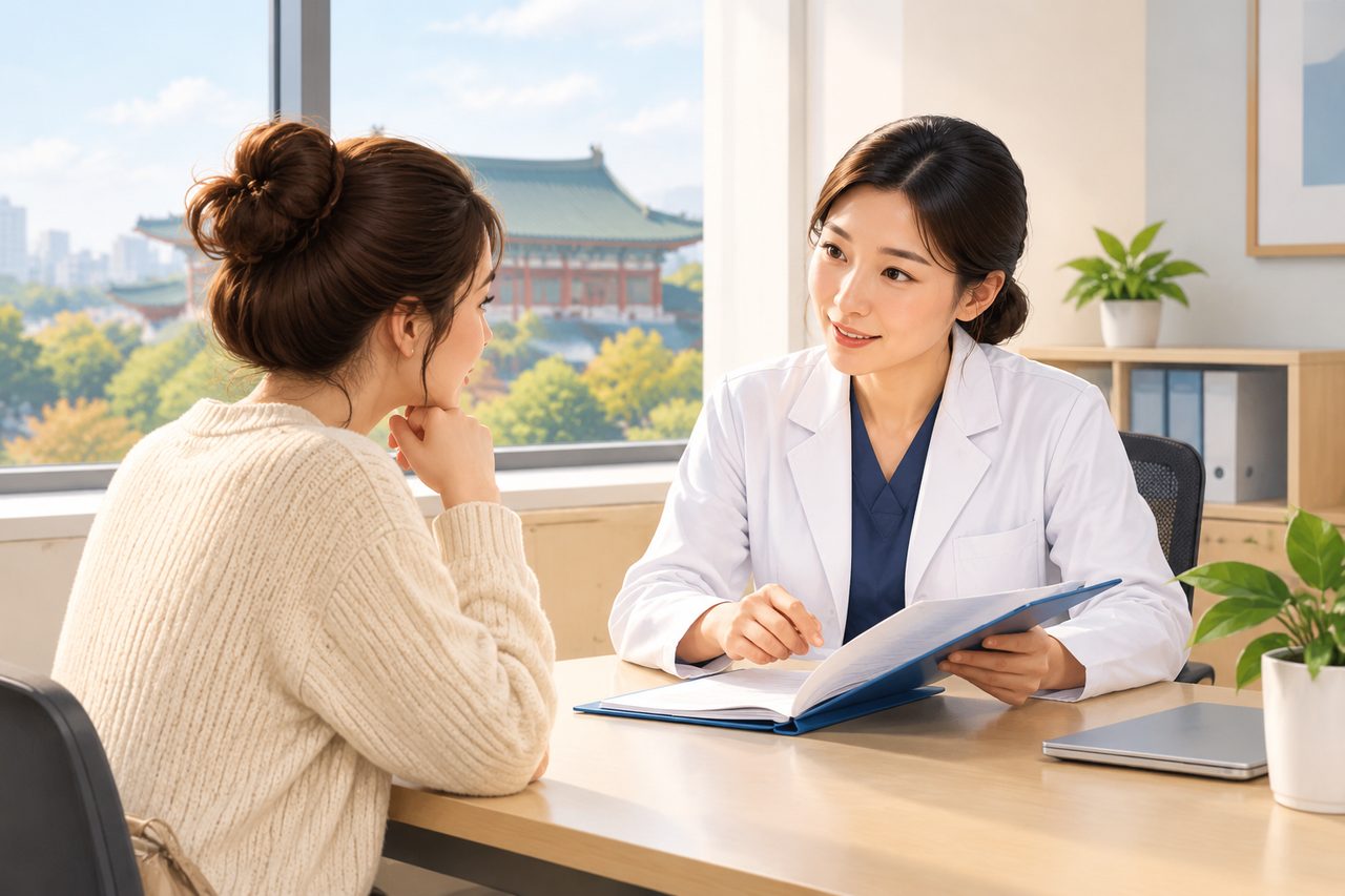 AI illustration: A doctor in a white coat consulting with a patient in a cozy office with a city view and traditional architecture outside the window.