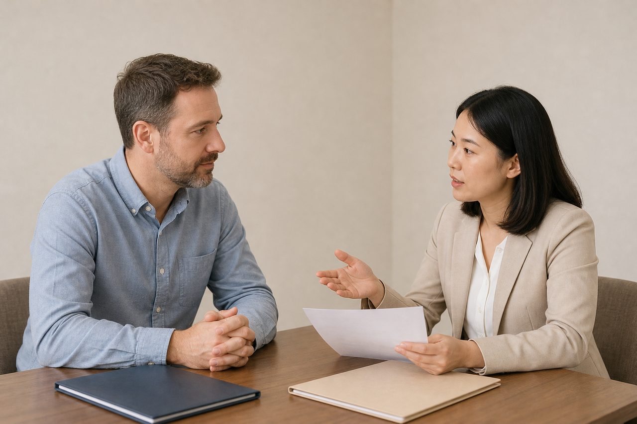 AI illustration: A consultation between two individuals discussing documents at a table.
