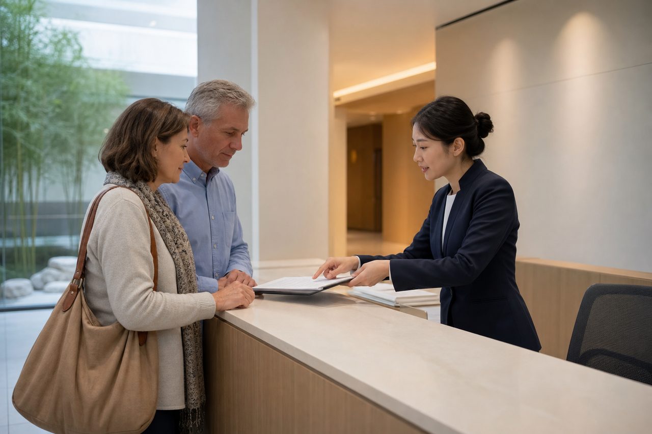 AI illustration: A couple consults with a receptionist at a medical facility's front desk.