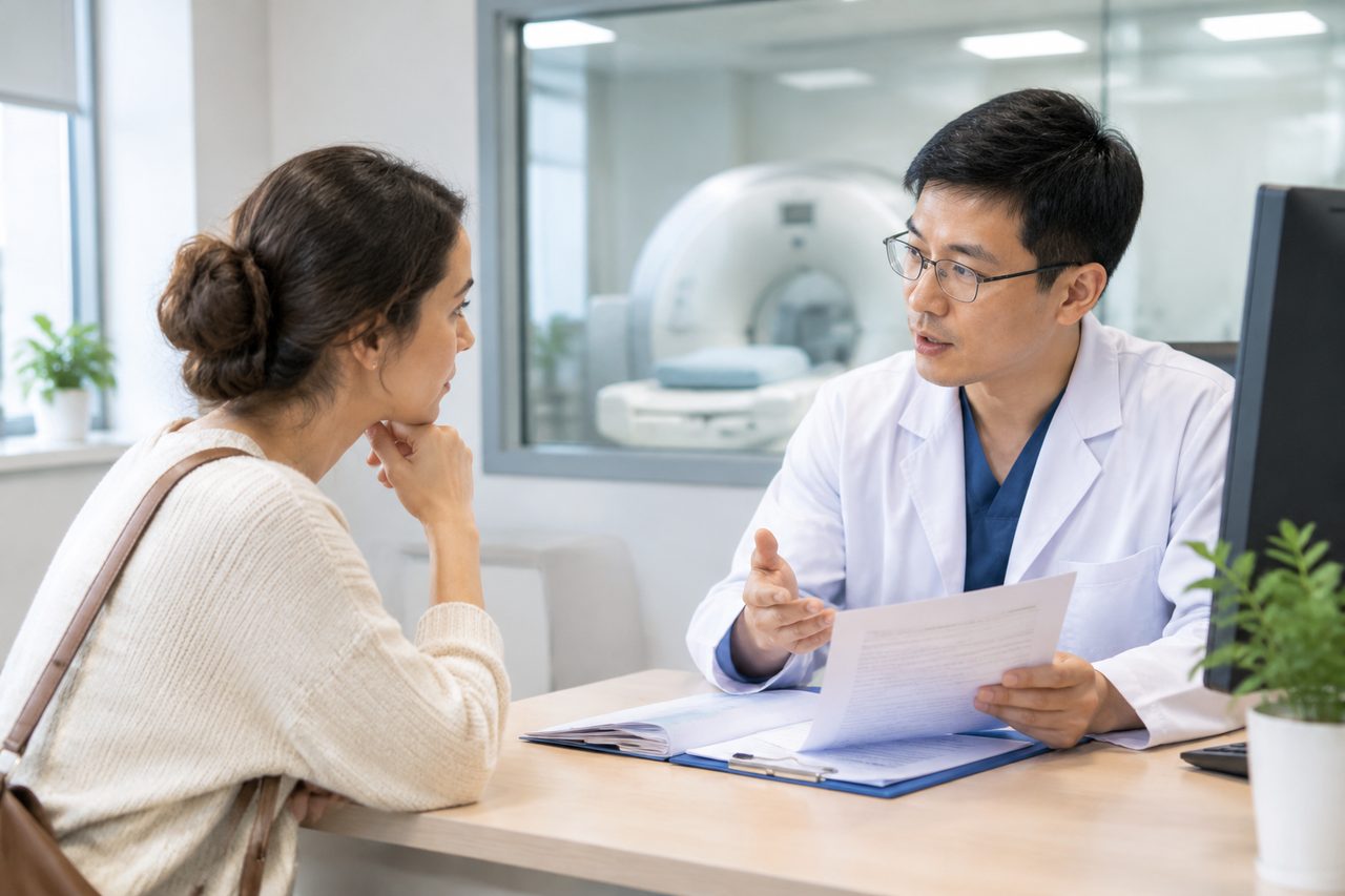 AI illustration: Doctor consulting a patient in a medical office with an MRI scanner visible through the window.