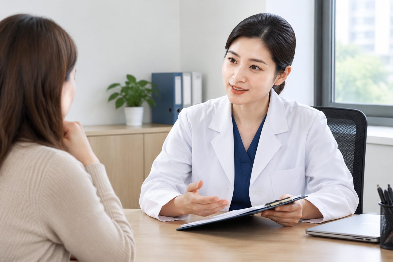 AI illustration: A female doctor in a white coat consulting with a patient in an office setting.