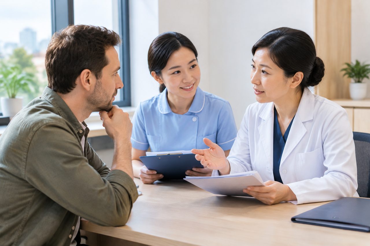 AI illustration: A doctor and nurse consulting with a male patient in a clinic room.