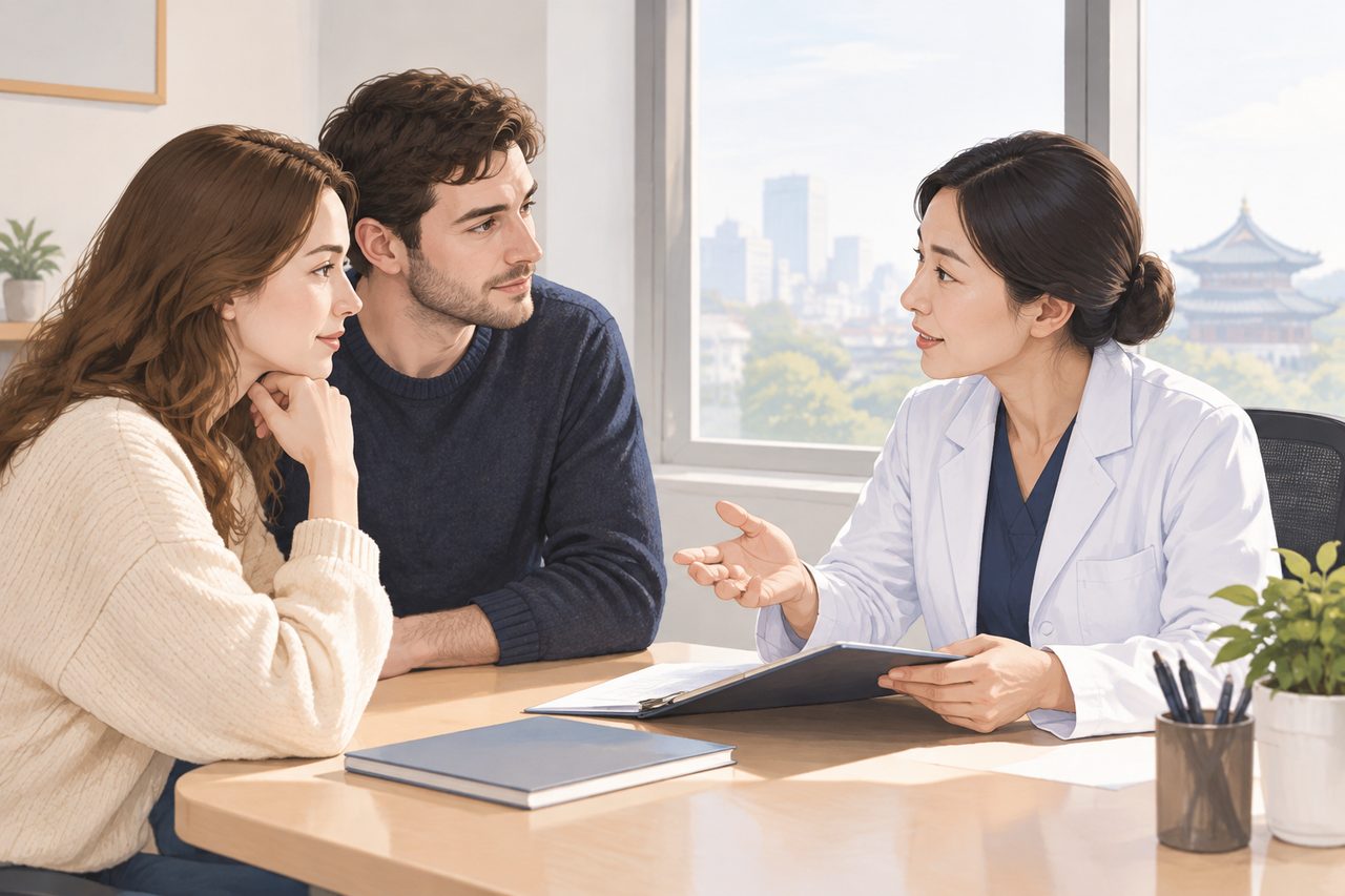 AI illustration: A doctor in a white coat consulting a couple in an office with a cityscape visible through the window.