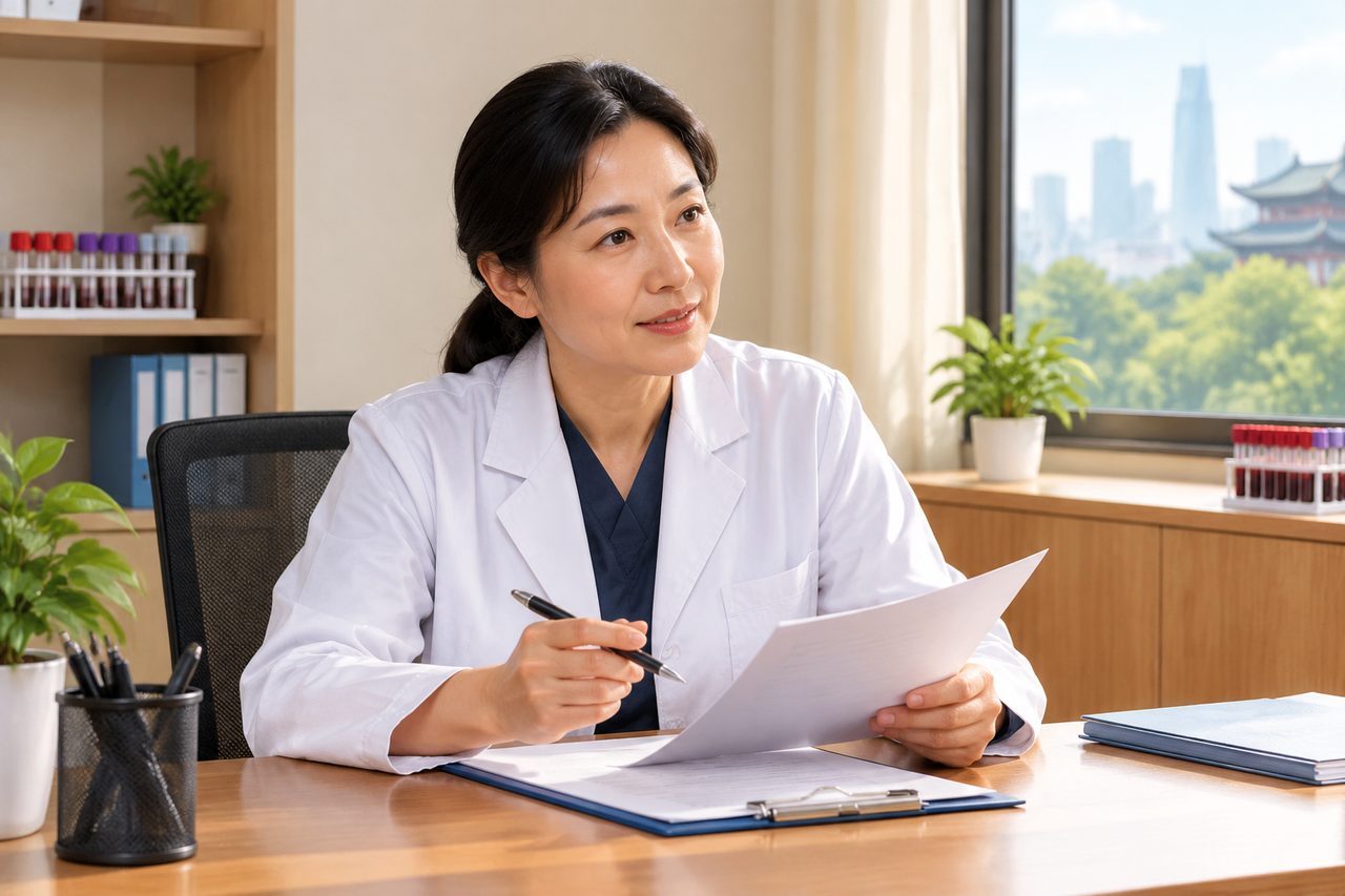 AI illustration: A female doctor in a white coat is sitting at a desk reviewing documents in a well-lit office with a city skyline visible through the window.