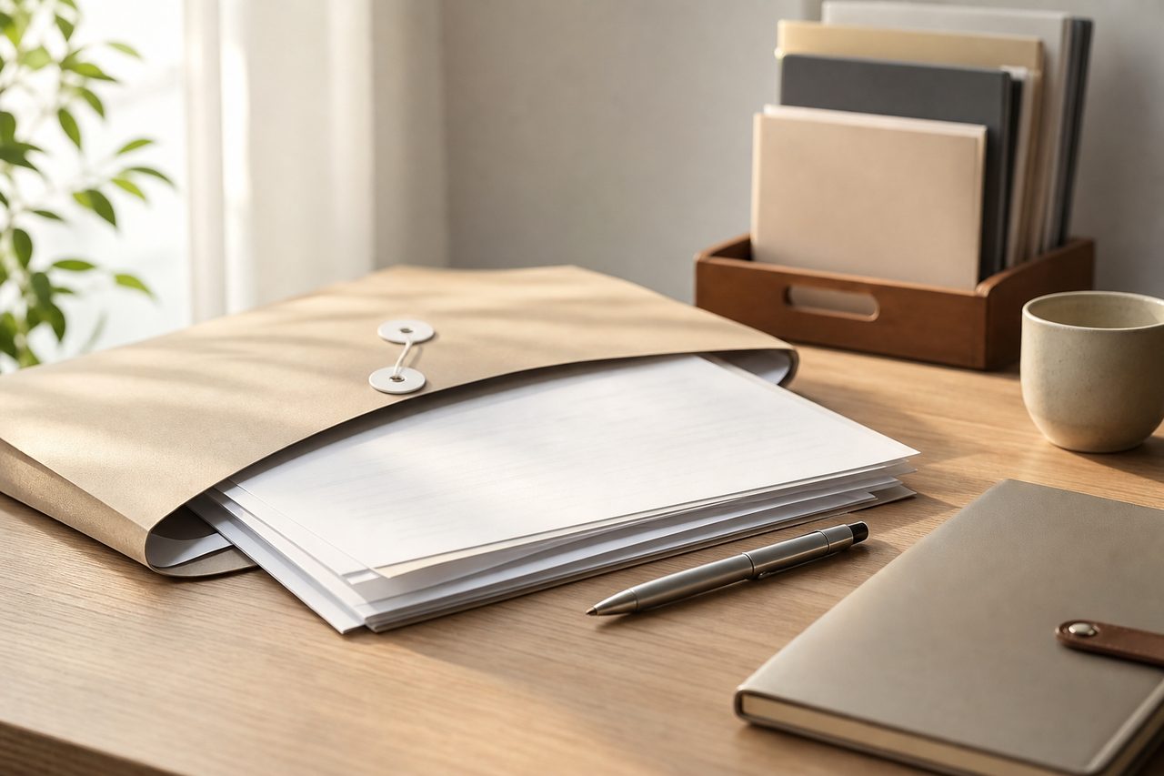 AI illustration: A workspace featuring a folder, papers, a pen, a notebook, and a cup.