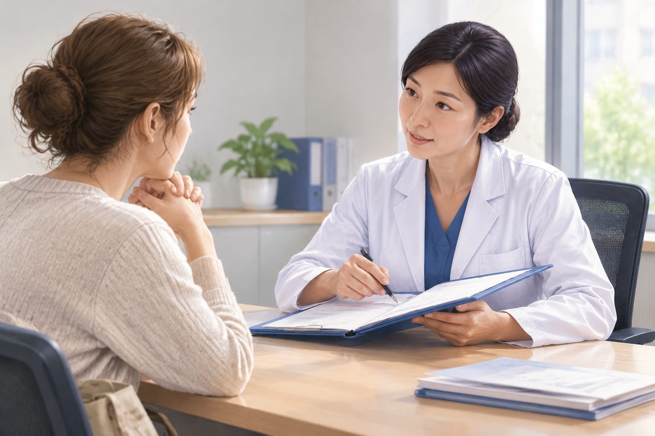 AI illustration: A female doctor in a white coat consulting with a female patient in an office setting.