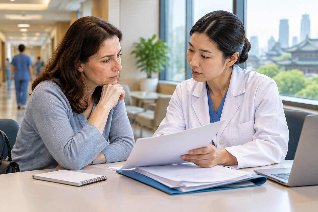 AI illustration: A doctor discusses medical documents with a patient in a hospital setting.