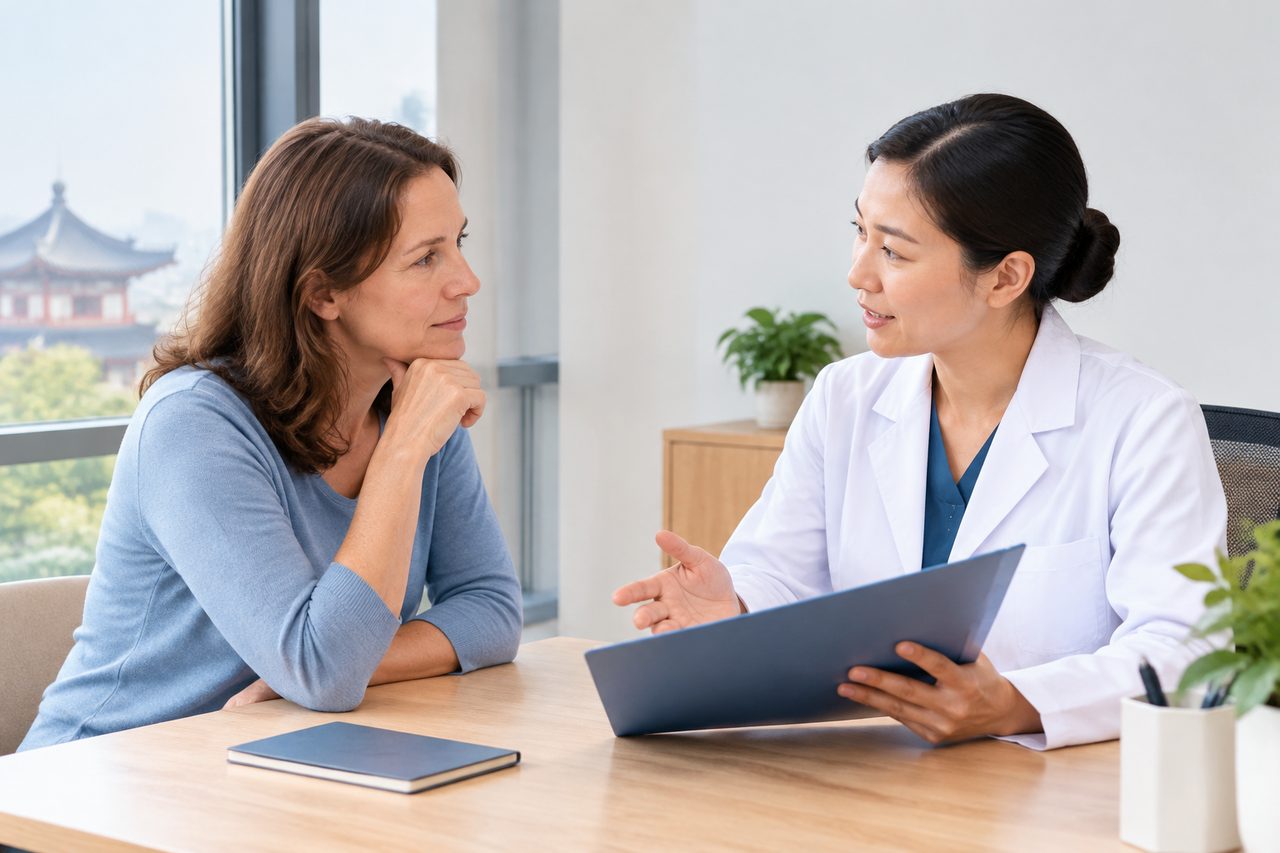 AI illustration: A doctor discusses with a patient in a consultation room.