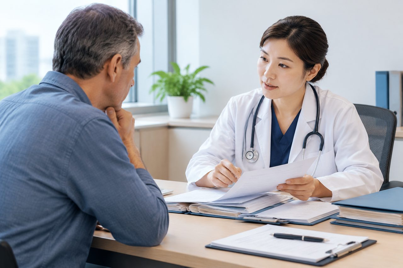 AI illustration: Doctor consulting with a patient in an office setting with medical documents on the desk.