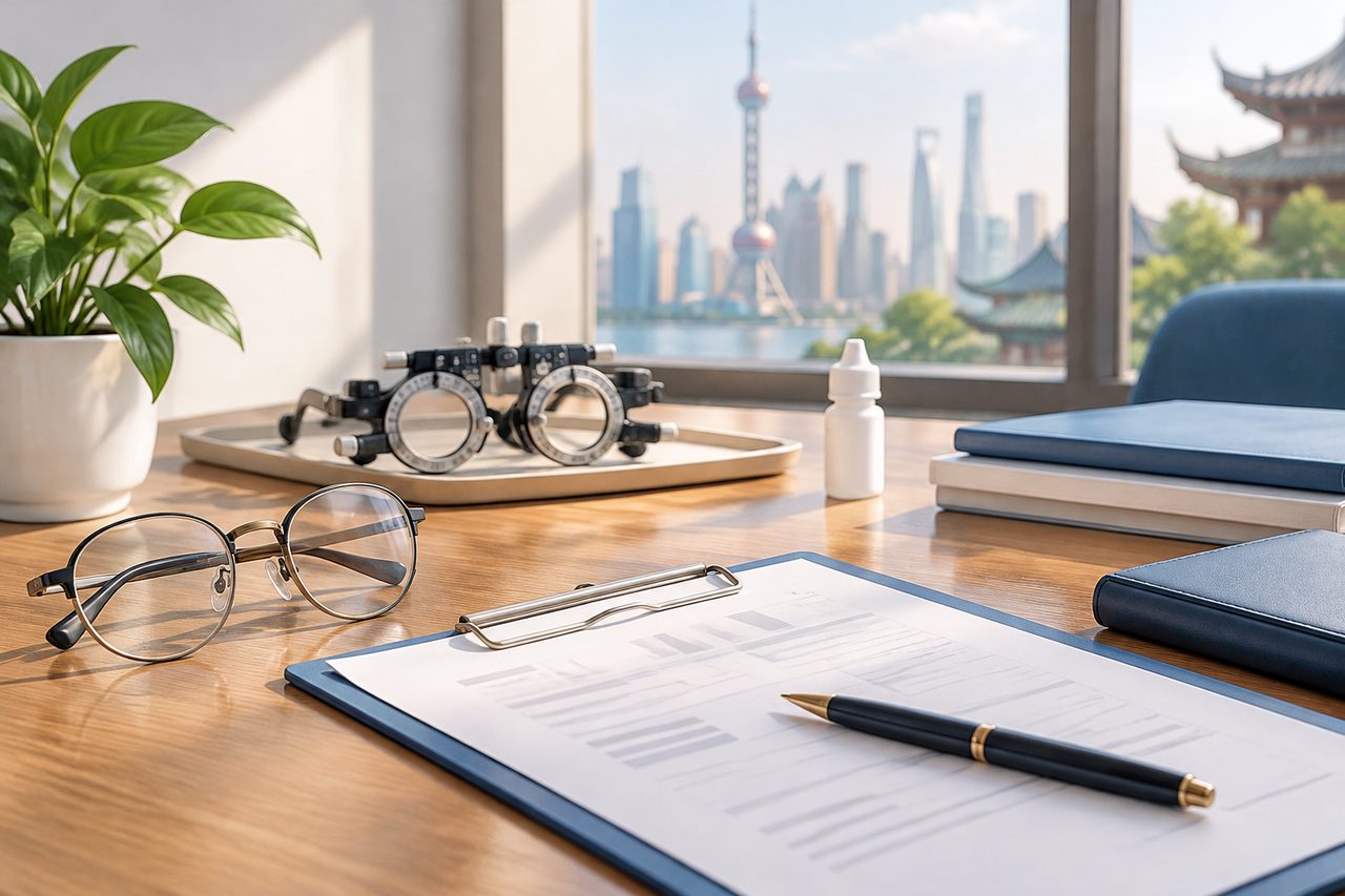 AI illustration: Desk with eyeglasses, optometry trial frame, paperwork, pen, and books near a window showing a city skyline with traditional and modern buildings.