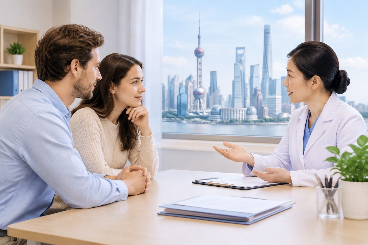 AI illustration: A doctor consulting a couple in an office with a city skyline visible through the window.