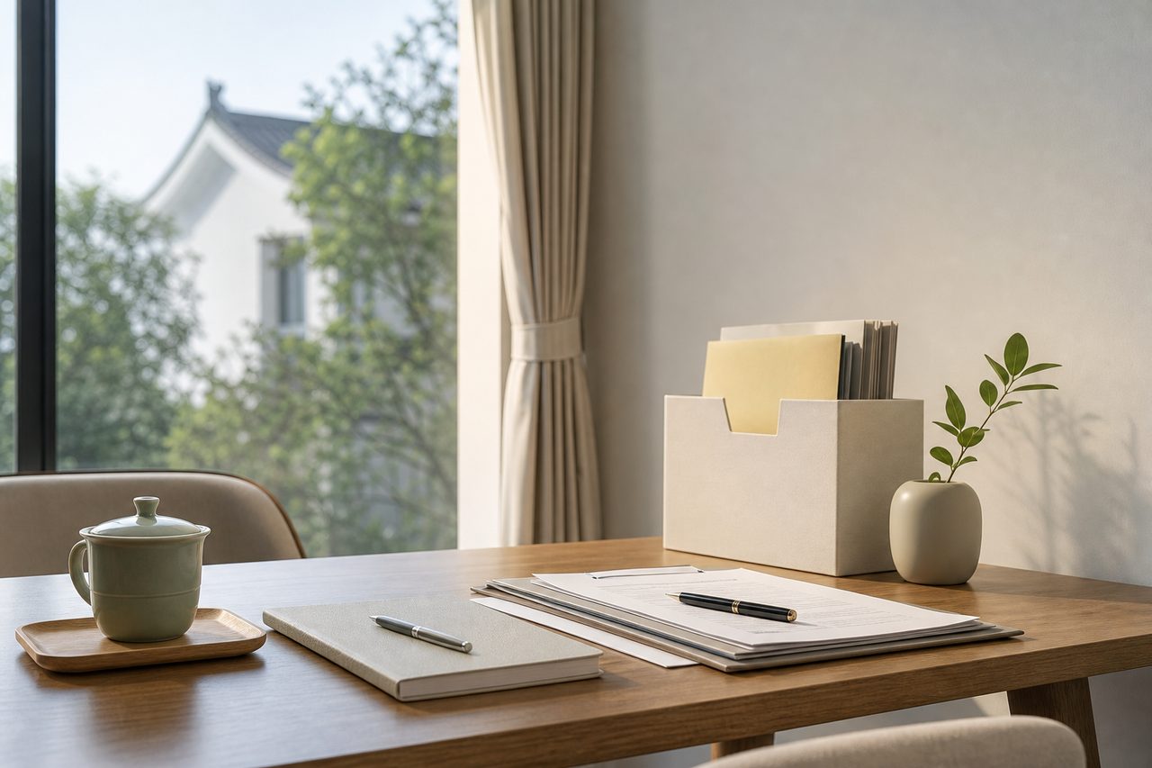 AI illustration: A modern workspace featuring a wooden desk with stationery, a tea cup, and a plant.