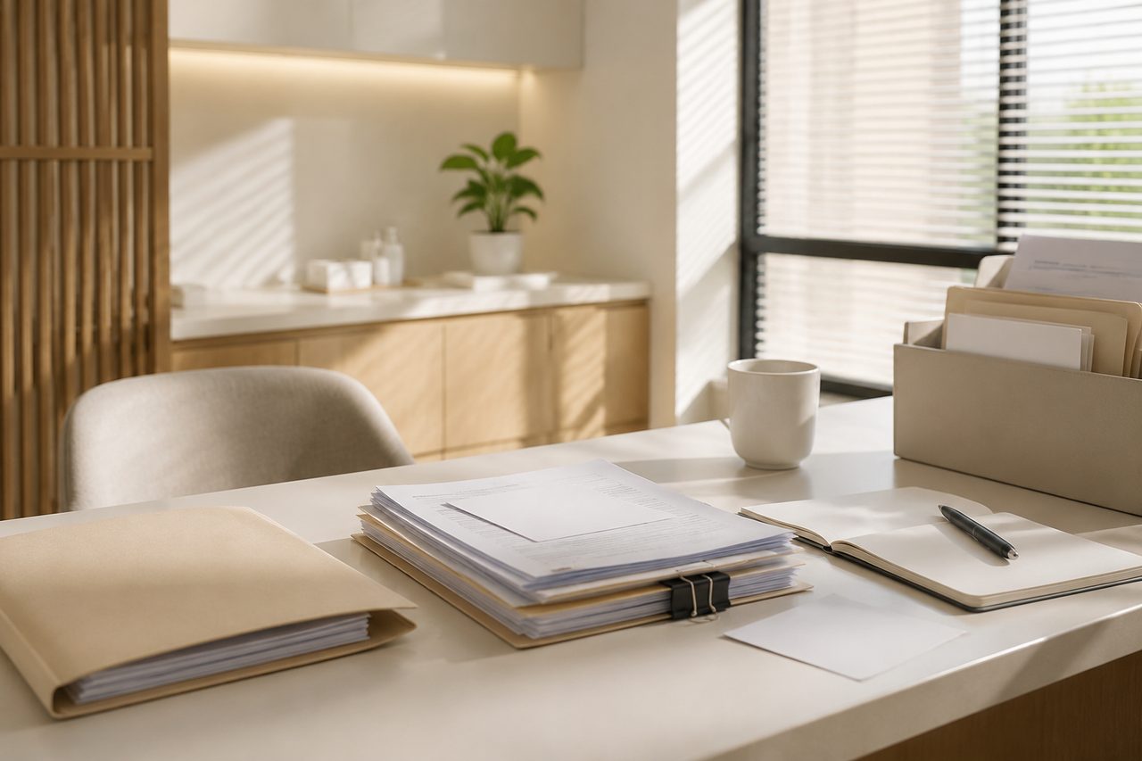 AI illustration: A clean, well-lit office desk with organized paperwork, a notebook with a pen, a coffee cup, and a plant in the background near a window with blinds.