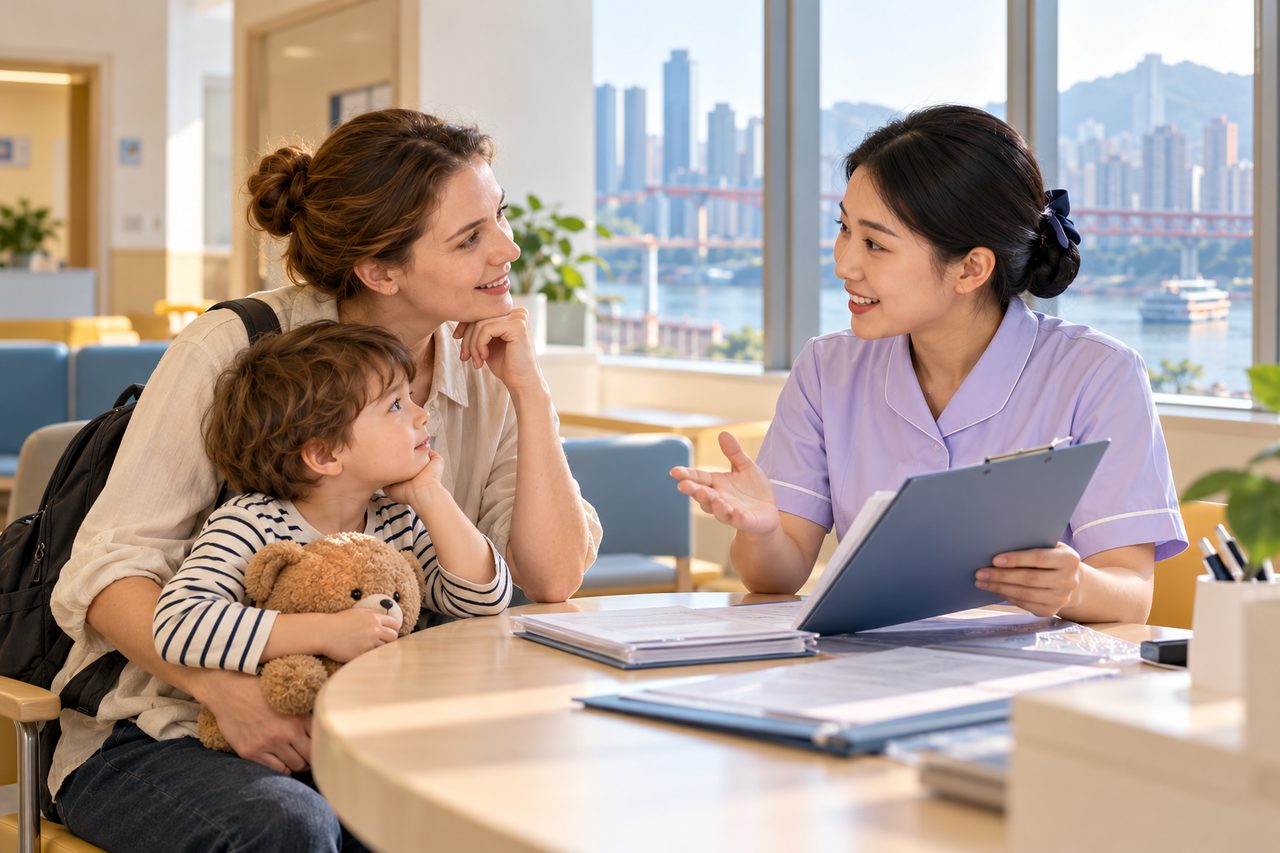 AI illustration: A nurse consulting with a mother and child in a bright room with a city skyline visible through the window.