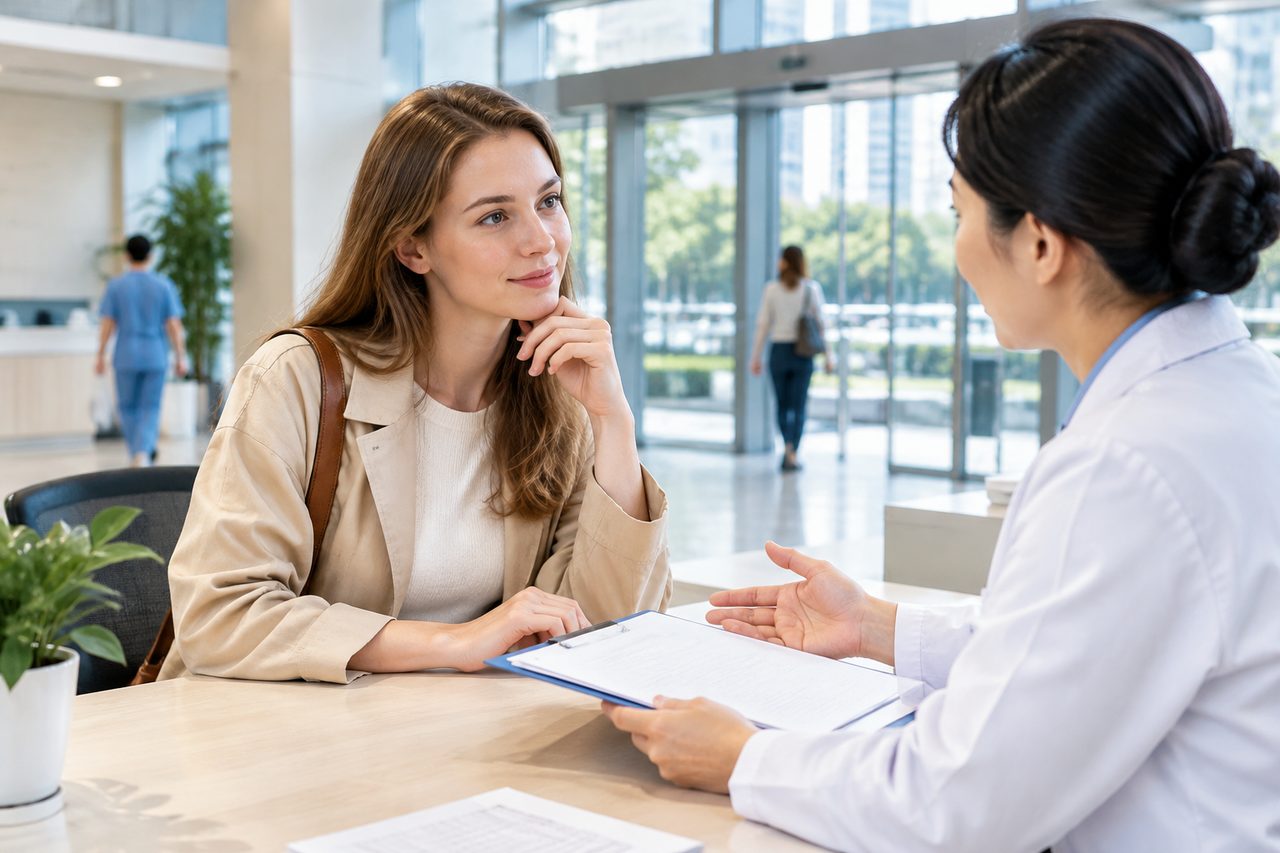 AI illustration: A patient consults with a medical professional in a modern clinic setting.