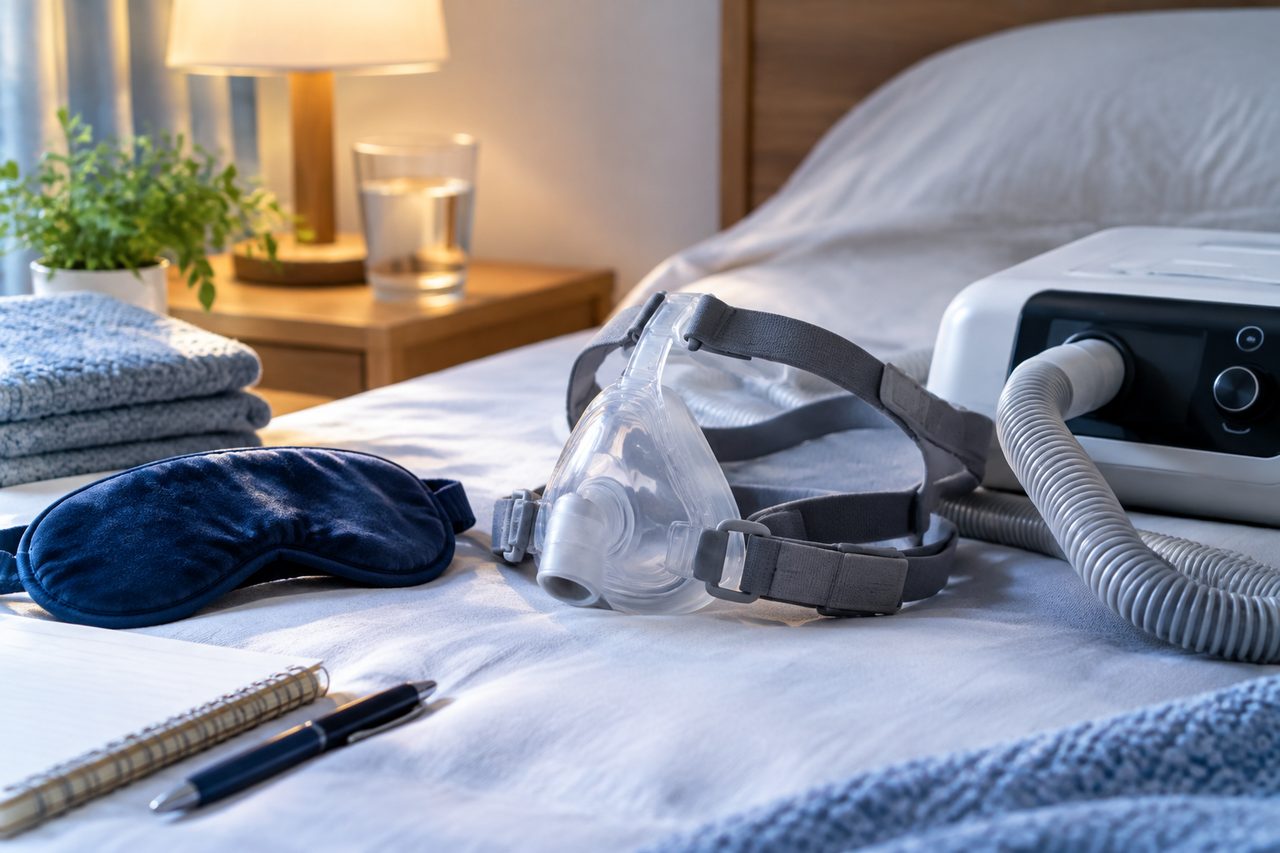 AI illustration: A CPAP machine and mask are set up on a bed, indicating a sleep therapy environment.